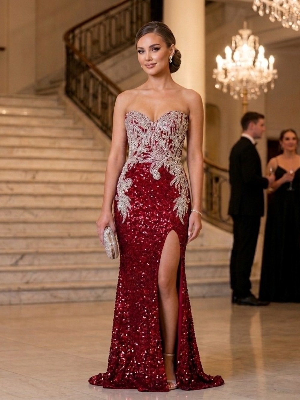 Strapless Red Sequin Evening Gown with Silver Embellishment